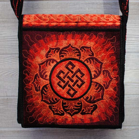 Boho Passport Crossbody Embroidery Bag - Red Orange / Endless Knot Flower Sun Rays