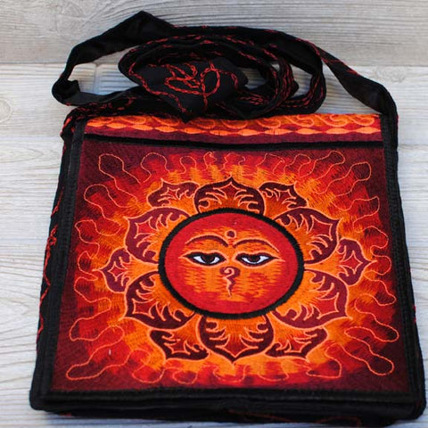 Boho Passport Crossbody Embroidery Bag - Red Orange / Buddha's Wisdom Eyes Flower Sun Rays