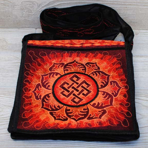 Boho Passport Crossbody Embroidery Bag - Red Orange / Endless Knot Flower Sun Rays