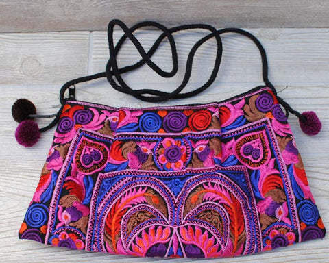 Boho Ethnic Embroidery Bag - Floral Pink Purple Blue