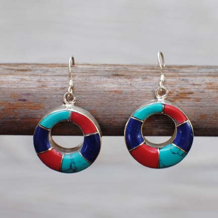 Handmade Tibetan Silver Earrings with Turquoise, Lipis Lazuli & Coral - 103