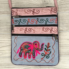 Boho Passport Embroidery Bag - Elephant - Blue Pink