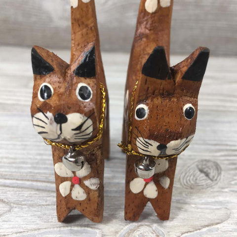 Handcarved Wooden Mini Cats - Natural Wood Handpainted - Set of 4