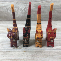 Handcarved Wooden Mini Cats - Multi Colors Wood Handpainted - Set of 4