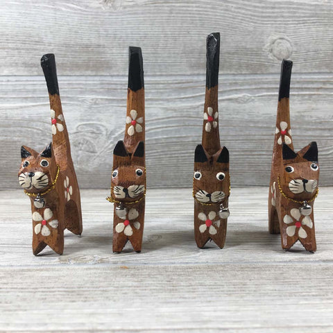 Handcarved Wooden Mini Cats - Natural Wood Handpainted - Set of 4