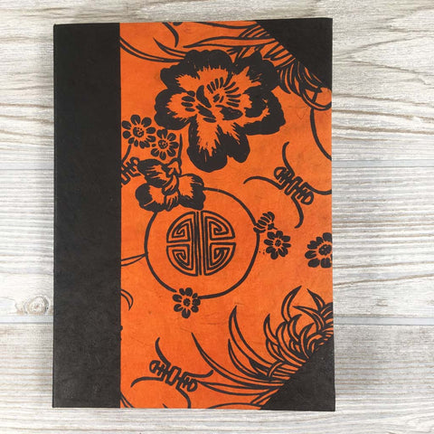 Handmade Lokta Paper Journal Floral Asian Inspired Cover - Orange / Black