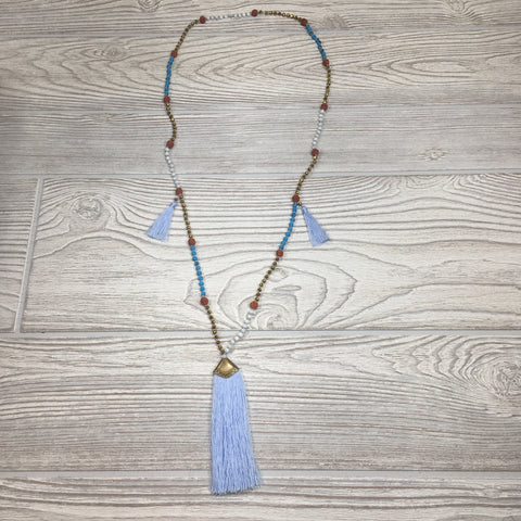 Knotted Crystal Ceramic Mala Necklace Baby Blue