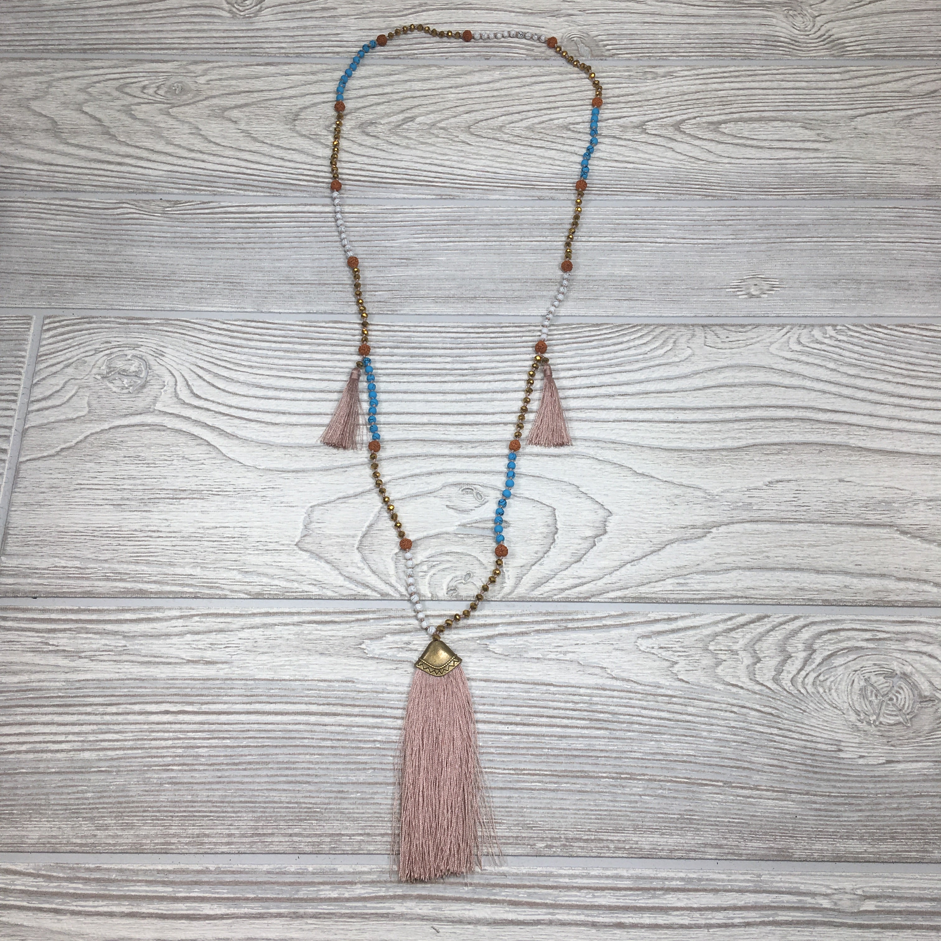 Knotted Crystal Ceramic Mala Necklace Champagne