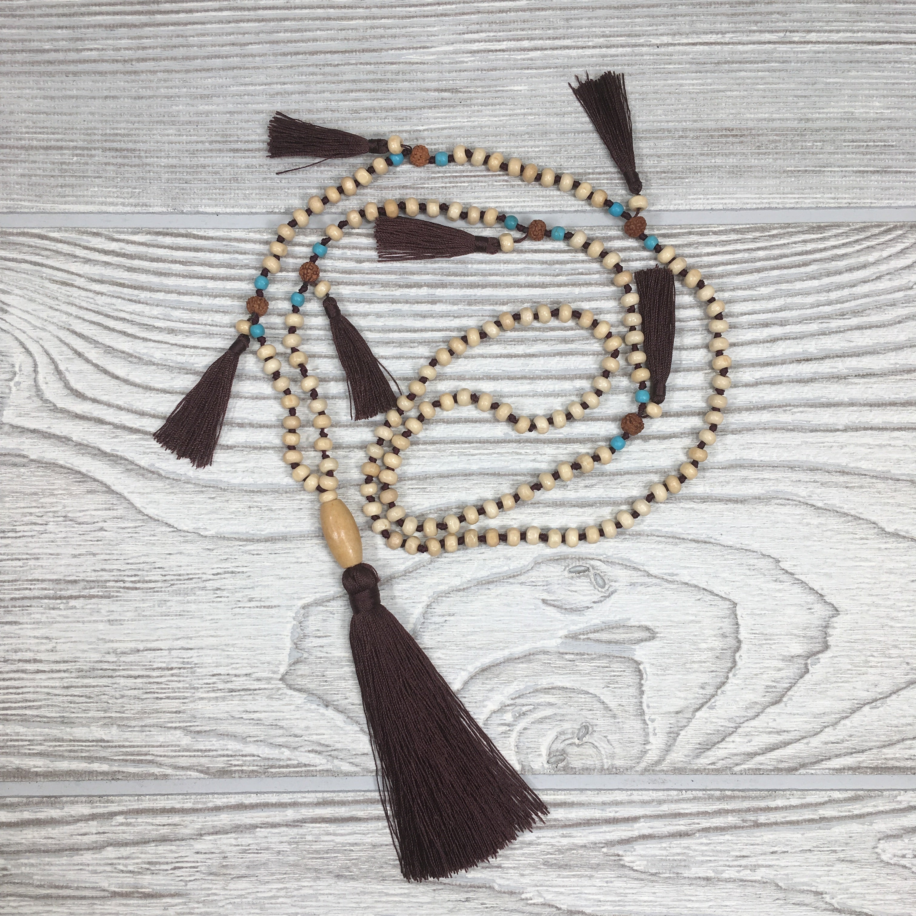 Knotted Wood Mala Necklace Dark Brown Tassels
