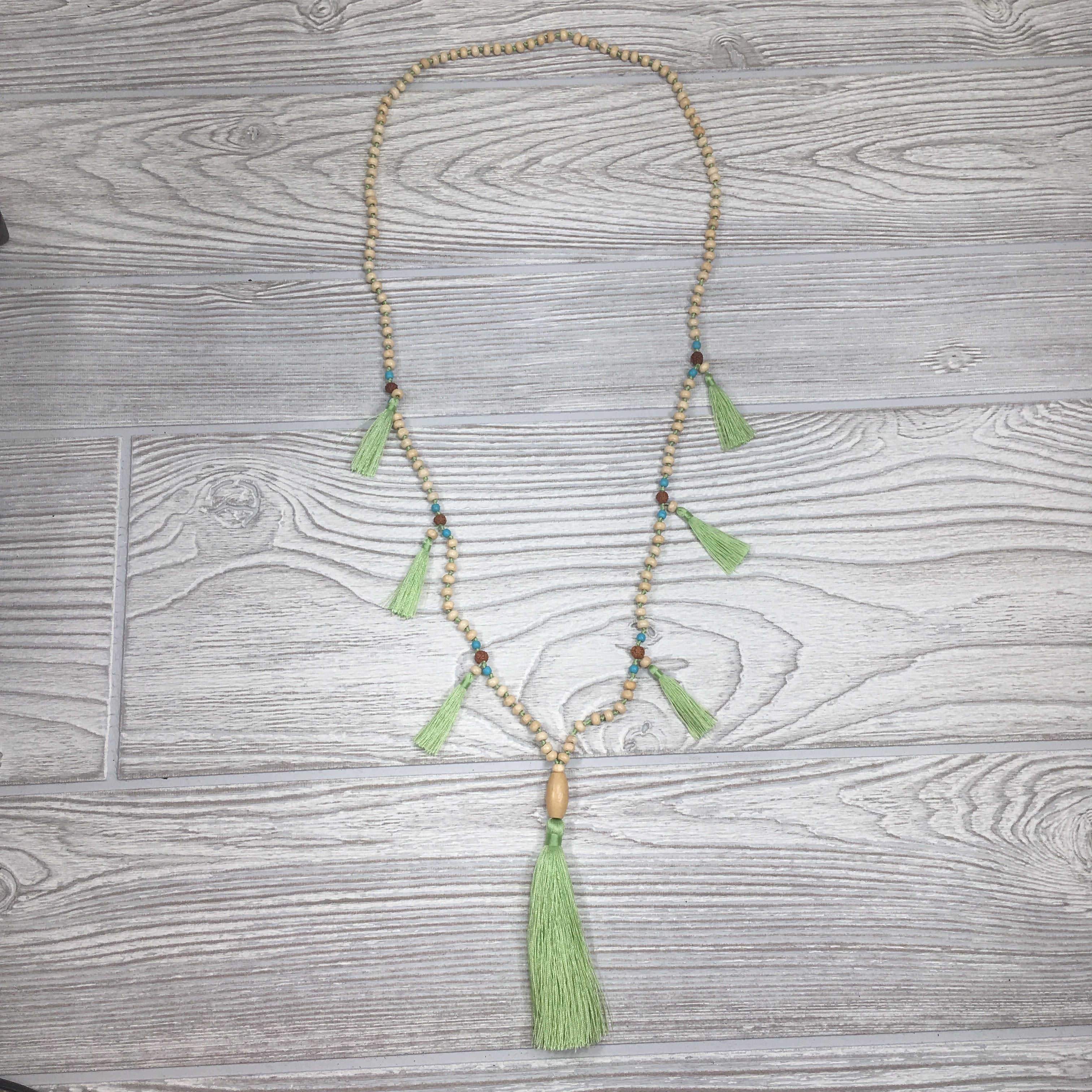 Knotted Wood Mala Necklace Mint Green Tassels