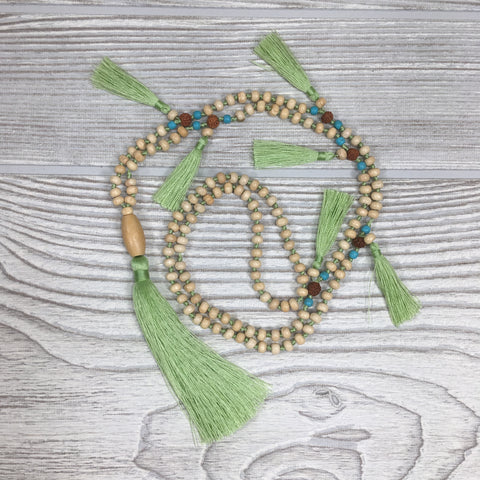 Knotted Wood Mala Necklace Mint Green Tassels