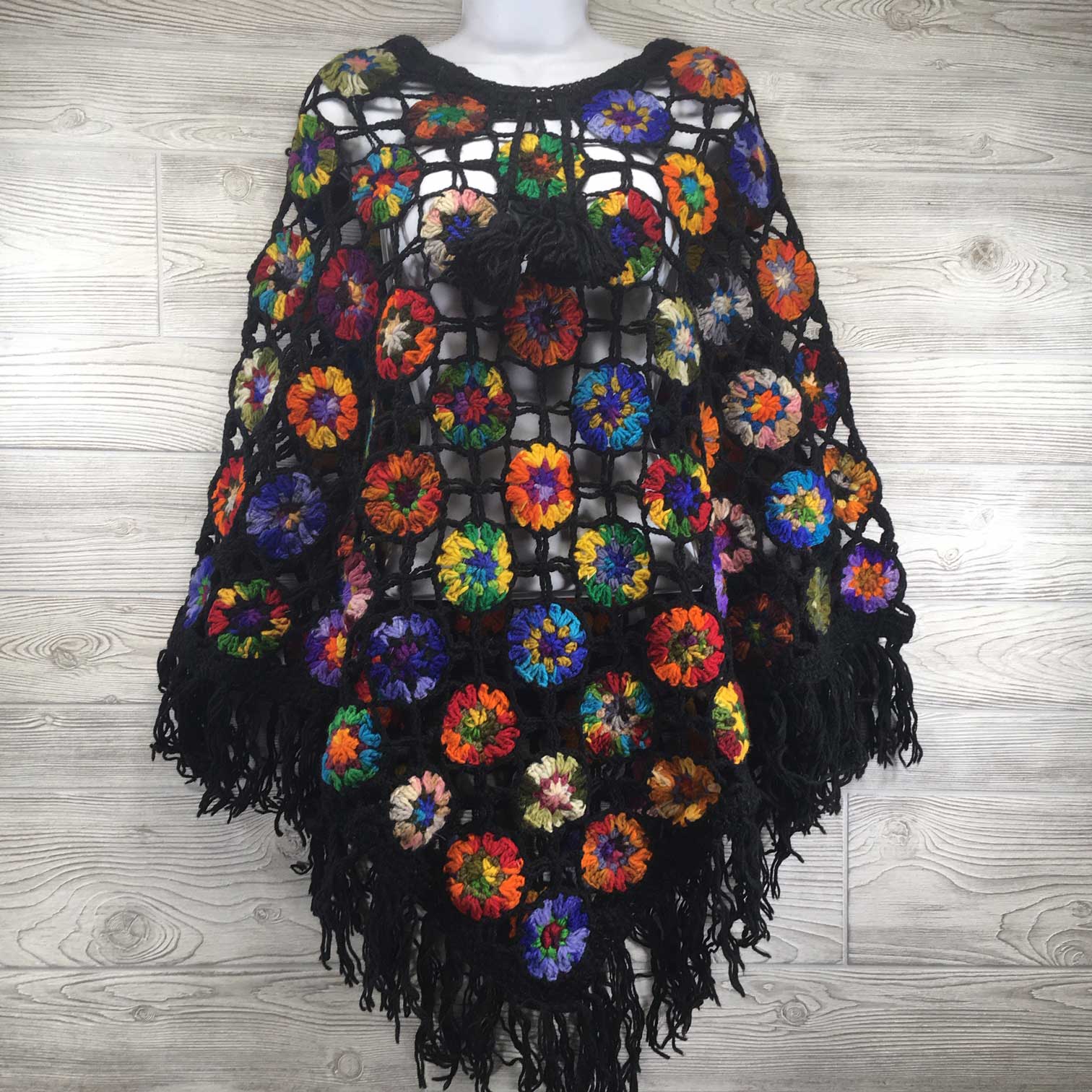 Amadara Women's Crochet Granny Square Boho Wool Poncho with Fringes - One Size Fits Small to Medium - Multicolored Black2
