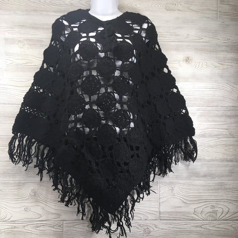 Women's Crochet Granny Square Boho Wool Poncho with Fringes - One Size Fits Small to Medium - Black