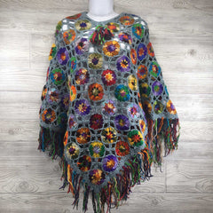Women's Crochet Granny Square Boho Wool Poncho with Fringes - One Size Fits Small to Medium - Multicolored Blue