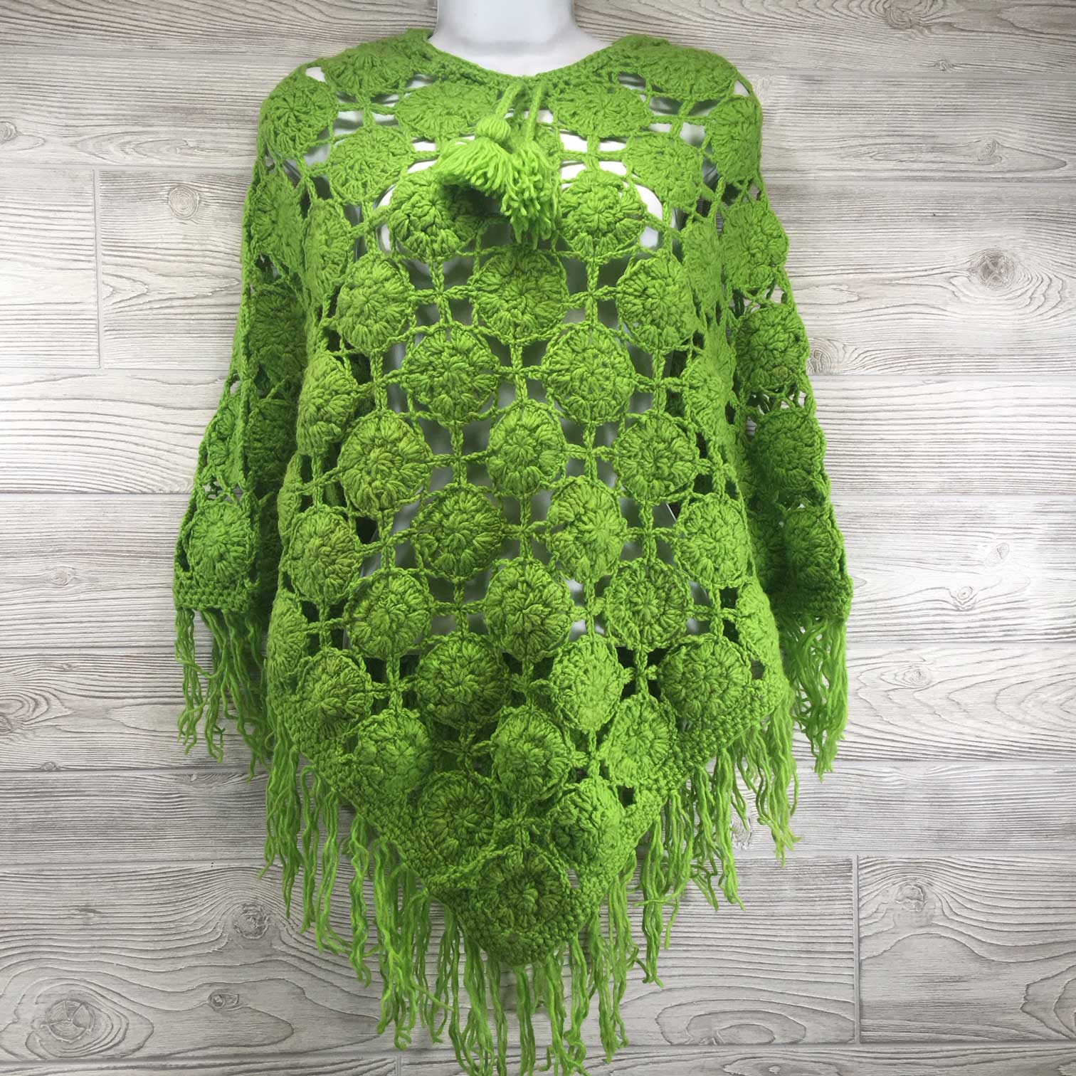 Women's Crochet Granny Square Boho Wool Poncho with Fringes - One Size Fits Small to Medium - Green