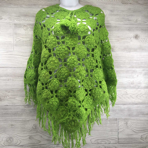 Women's Crochet Granny Square Boho Wool Poncho with Fringes - One Size Fits Small to Medium - Green