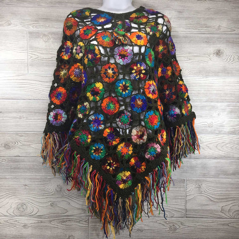 Women's Crochet Granny Square Boho Wool Poncho with Fringes - One Size Fits Small to Medium - Multicolored Dark Olive Green
