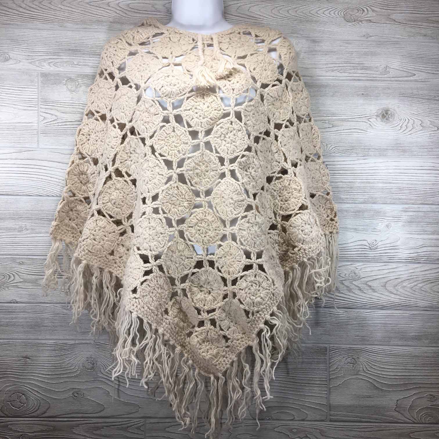 Women's Crochet Granny Square Boho Wool Poncho with Fringes - One Size Fits Small to Medium - White