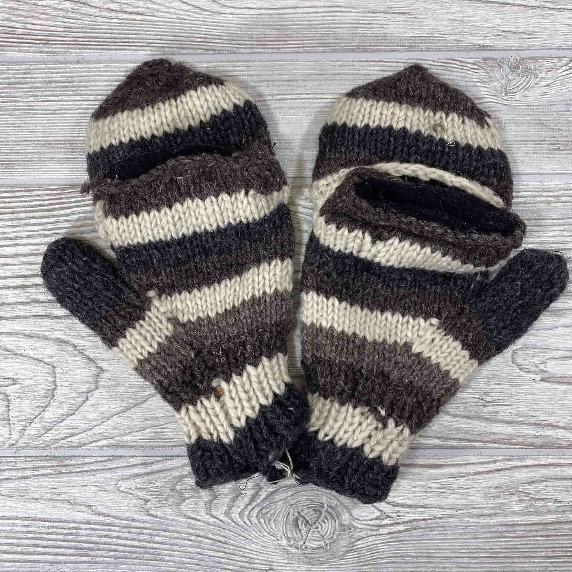 Handknit Wool Fingerless Mittens - Brown Gray Stripes