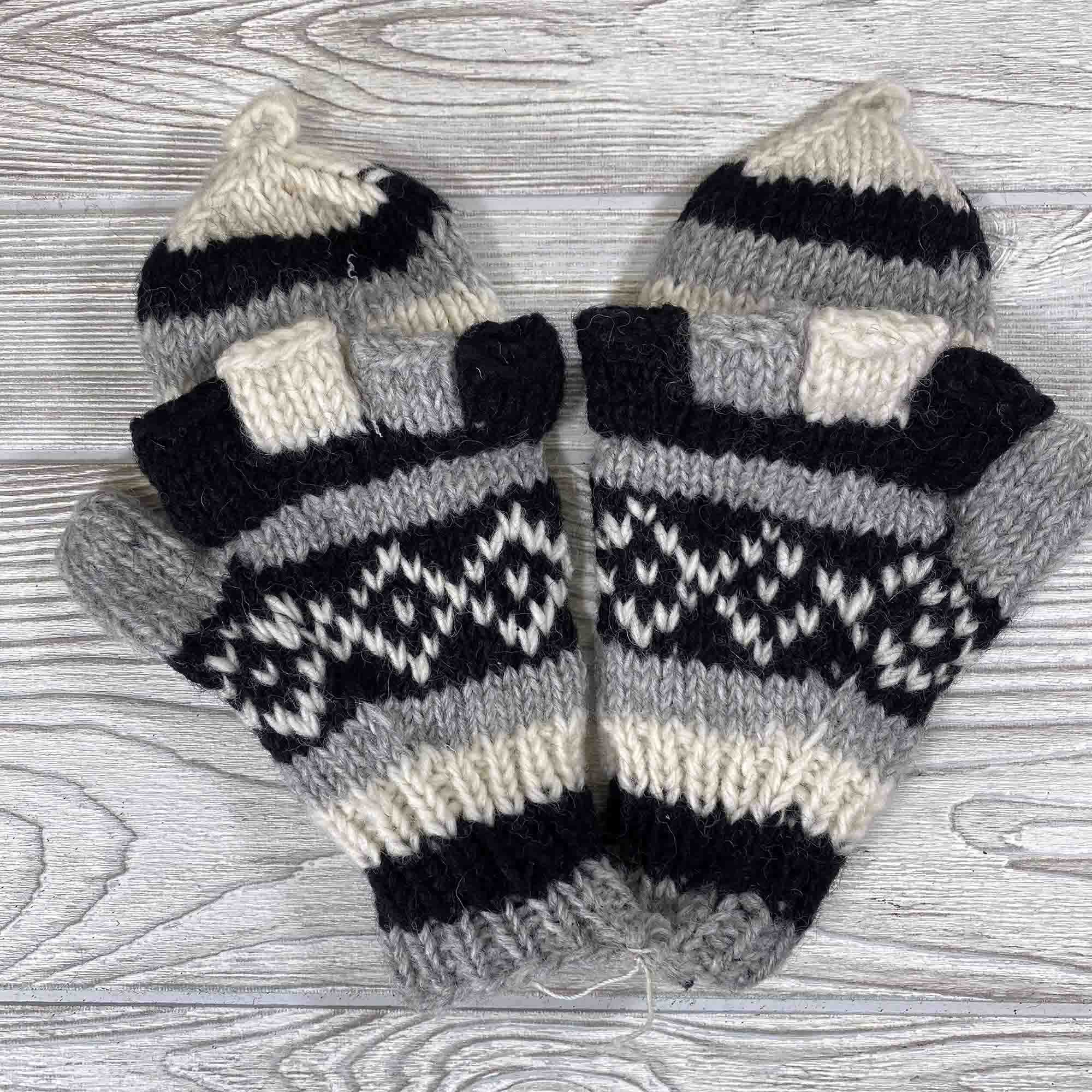 Handknit Wool Fingerless Mittens - Gray Black