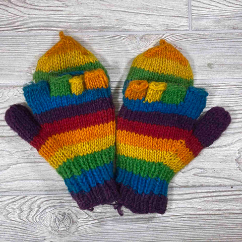 Handknit Wool Fingerless Mittens - Rainbow