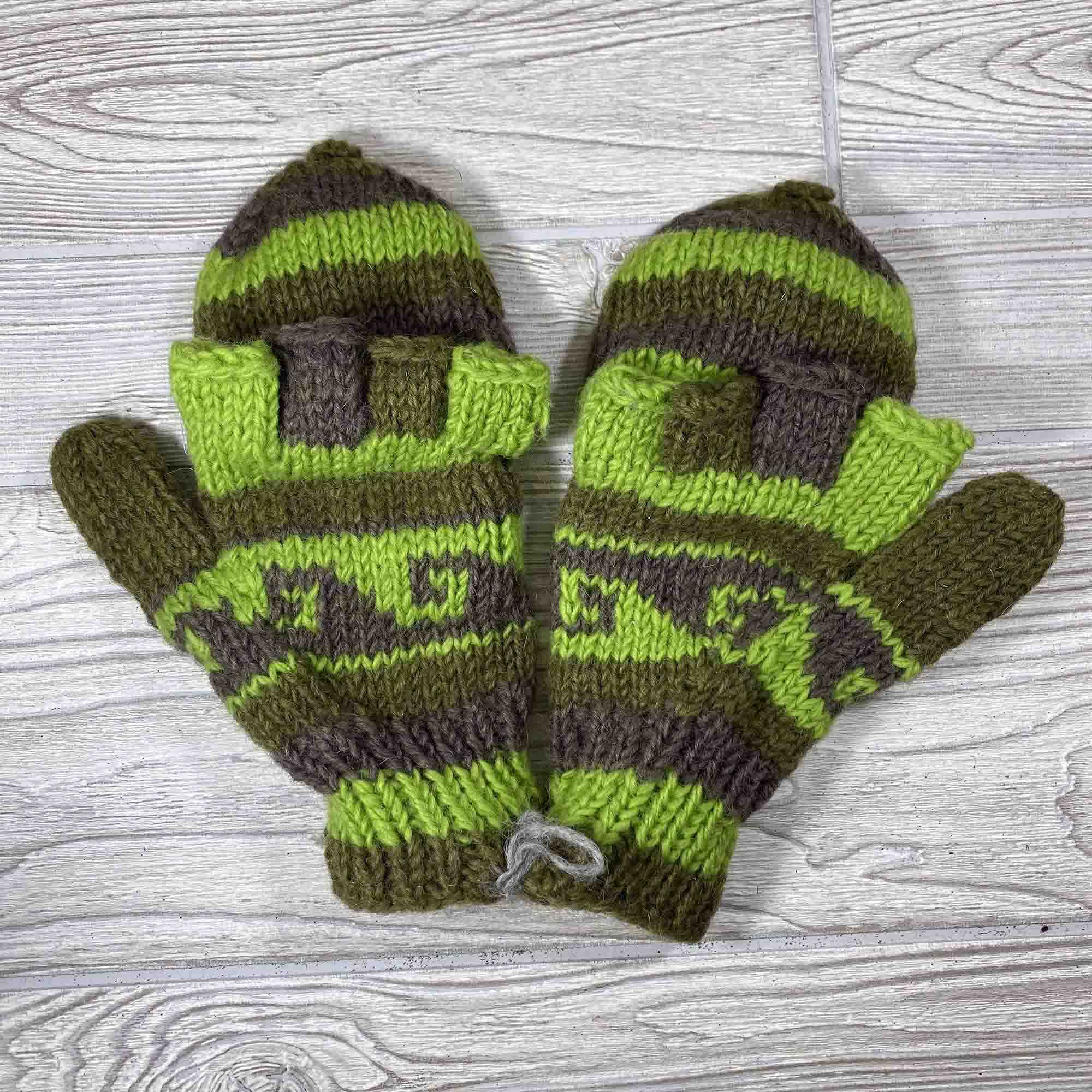 Handknit Wool Fingerless Mittens - Green Brown